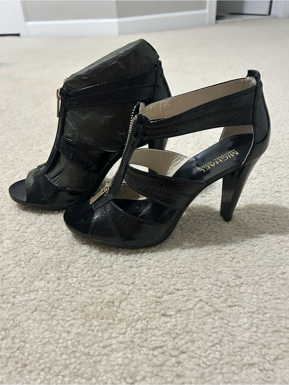 Michael Kors Black Patent Leather T-Strap Peep-Toe Heels